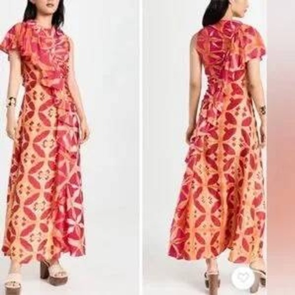 Ulla Johnson Silk Maxi Dress Orange Pink Abstract Handmade Asymmetrical Ruched 4